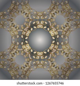 Seamless medieval floral royal pattern. Good for greeting card for birthday, invitation or banner. Gold on gray and white colors. Decorative symmetry arabesque. Vector illustration.