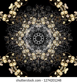 Seamless medieval floral royal pattern. Good for greeting card for birthday, invitation or banner. Decorative symmetry arabesque. Gold on gray and black colors. Vector illustration.