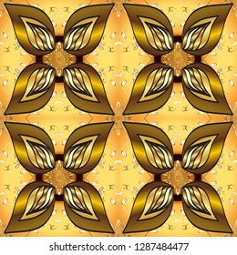 Seamless medieval floral royal pattern. Gold on brown and yellow colors. Good for greeting card for birthday, invitation or banner. Decorative symmetry arabesque. Vector illustration.
