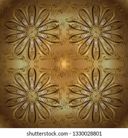 Seamless medieval floral royal pattern. Gold on brown and beige colors. Vector illustration. Decorative symmetry arabesque. Good for greeting card for birthday, invitation or banner.