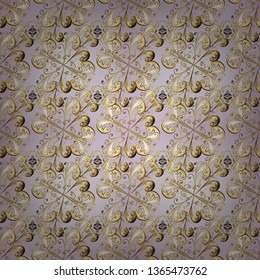 Seamless medieval floral royal pattern. Gold on neutral and beige colors. Good for greeting card for birthday, invitation or banner. Vector illustration. Decorative symmetry arabesque.