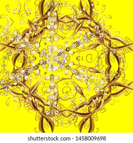Seamless medieval floral royal pattern. Good for greeting card for birthday, invitation or banner. Decorative symmetry arabesque. Vector illustration. Gold on yellow and brown colors.