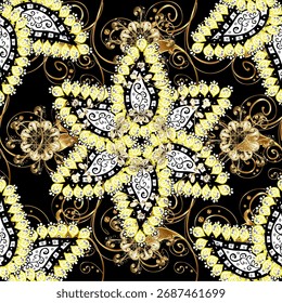 Padrão real floral medieval sem costura. Simetria decorativa arabesca. Ouro em cores agradáveis. Bom para cartão de saudação de aniversário, convite ou banner. Ilustração vetorial. 