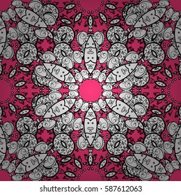Seamless medieval floral royal pattern. Decorative symmetry arabesque. Gold on pink background. Good for greeting card for birthday, invitation or banner. Vector illustration.