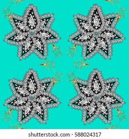 Seamless medieval floral royal pattern. Vector illustration. Good for greeting card for birthday, invitation or banner. Gold on blue background. Decorative symmetry arabesque.
