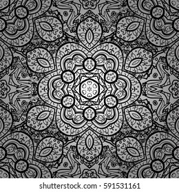 Seamless medieval floral royal pattern. Decorative symmetry arabesque. White on background. Good for greeting card for birthday, invitation or banner. Vector illustration.