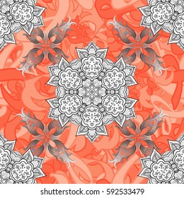 Seamless medieval floral royal pattern. Decorative symmetry arabesque. Gray doodles. Good for greeting card for birthday, invitation or banner. Vector illustration.