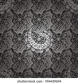 Seamless medieval floral royal pattern. Decorative symmetry arabesque. Gray doodles. Good for greeting card for birthday, invitation or banner. Vector illustration.