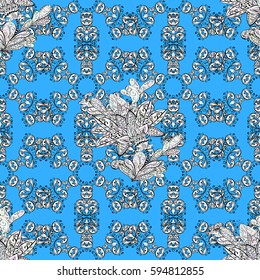 Seamless medieval floral royal pattern. Decorative symmetry arabesque. Gold on blue background. Good for greeting card for birthday, invitation or banner. Vector illustration.