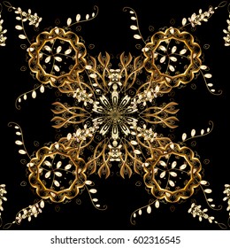 Seamless medieval floral royal pattern. Gold on black background. Good for greeting card for birthday, invitation or banner. Decorative symmetry arabesque. Vector illustration.