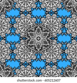 Seamless medieval floral royal pattern. Good for greeting card for birthday, invitation or banner. Gray on blue background. Vector illustration. Decorative symmetry arabesque.