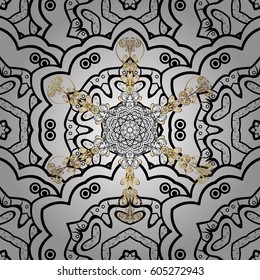 Seamless medieval floral royal pattern. Decorative symmetry arabesque. White doodles. Good for greeting card for birthday, invitation or banner. Vector illustration.