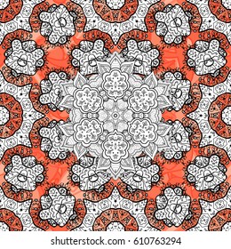 Seamless medieval floral royal pattern. Decorative symmetry arabesque. Gold on background. Good for greeting card for birthday, invitation or banner. Vector illustration.