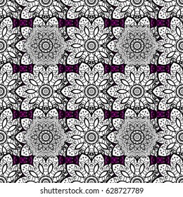 Seamless medieval floral royal pattern. Decorative symmetry arabesque. Good for greeting card for birthday, invitation or banner. Vector illustration. Gray on magenta background.