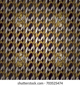 Seamless medieval floral royal pattern. Decorative symmetry arabesque. Gold on lilac and purple background. Good for greeting card for birthday, invitation or banner. Vector illustration.