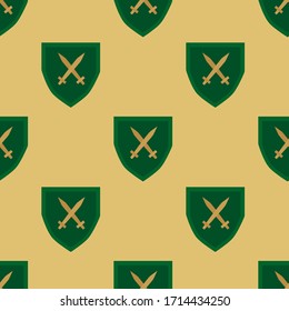 Diseño medieval sin inconvenientes con escudos verdes. Ornamento clásico de simetría para textiles, álbumes, afiches, libros. Ilustración del vector