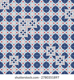 Seamless Mediterranean azulejo tile pattern with ornate floral geometry for wallpaper, textile, and surface design, interior design in vintage blue, red, and cream tones. Vector Illustration.