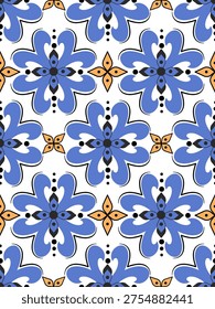 Seamless Mediterranean ceramic tile pattern with hand-painted floral ornaments in cobalt blue, green, and terracotta; traditional Talavera-style repeating tile for kitchen backsplash and textile design.
 Elegant Mexican Talavera botanical motif with symmetrical flower blossoms and vibrant blue accents; sophisticated repeating background for luxury home decor, pottery prints, and summer packaging.