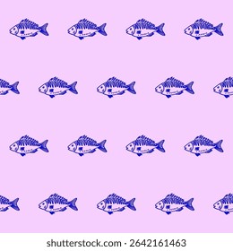 Seamless Mediterranean Fish Food Textile Print Pattern. Travel Vacation Rest Theme. Summer Resort Fabric Swatch Doodle Line Hand Crafted Decoration. Simple Line Art Sketch Outline Drawing.