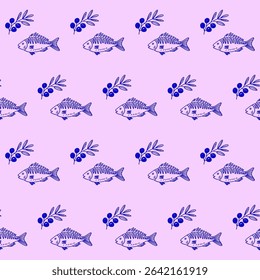 Seamless Mediterranean Fish Food Textile Print Pattern. Travel Vacation Rest Theme. Summer Resort Fabric Swatch Doodle Line Hand Crafted Decoration. Simple Line Art Sketch Outline Drawing.