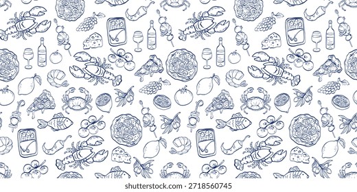 Padrão alimentar mediterrânico sem costura com frutos do mar, pizza, queijo, vinho, azeitonas, tomates, limões e aperitivos desenhados como ícones de linha azul em um fundo branco para embalagens, têxteis e menus.