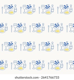 Seamless Mediterranean Food Textile Print Pattern. Travel Vacation Rest Theme. Summer Resort Fabric Swatch Doodle Line Hand Crafted Decoration. Simple Line Art Sketch Outline Drawing.