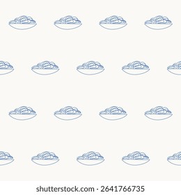Seamless Mediterranean Food Textile Print Pattern. Travel Vacation Rest Theme. Summer Resort Fabric Swatch Doodle Line Hand Crafted Decoration. Simple Line Art Sketch Outline Drawing.
