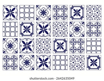 Seamless Mediterranean Italian geometric pattern. Vector blue and white illustration of Italian tiles, ceramics, azulejos, patterns, mosaics, ornaments for backgrounds, textiles, or banners. Vector