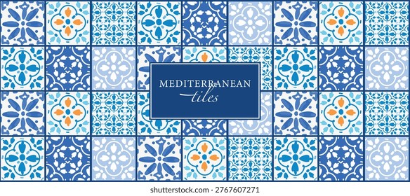 Seamless Mediterranean Italian pattern. Vector illustration blue Italian tiles, ceramics, pattern, mosaic, ornament for background, textile or banner. 
