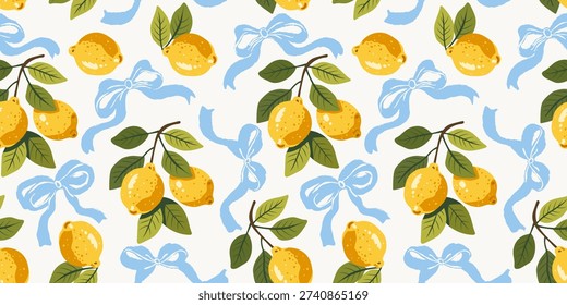 Seamless Mediterranean lemon pattern with blue ribbons on light background. Hand drawn citrus branches in Italian coastal summer. Botanical repeat design for textile, wallpaper, fabric and wrapping