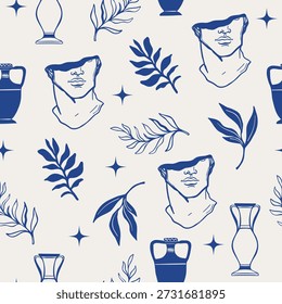 Seamless Mediterranean pattern with classical sculptures, vases and olive branches. Hand drawn ancient Greek and Mediterranean vector illustration.