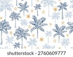 Seamless Mediterranean pattern of hand-drawn blue and gold palm trees and crayon stars on a white background. This tropical sketch design is perfect for summer apparel, coastal and travel decor.