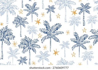 Seamless Mediterranean pattern of hand-drawn blue and gold palm trees and crayon stars on a white background. This tropical sketch design is perfect for summer apparel, coastal and travel decor.