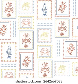 Seamless Mediterranean pattern with hand-drawn lobster, crab, fish, cherry tomato, and lemon in frames. Vintage coastal design for kitchen textiles, packaging, and beach decor.