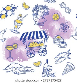 Seamless Mediterranean pattern with lemons, street market, desserts, wine, seafood, waves and classical statue in hand drawn sketch style. Summer travel background for fabric, packaging and decor