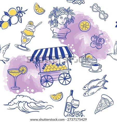 Seamless Mediterranean pattern with lemons, street market, desserts, wine, seafood, waves and classical statue in hand drawn sketch style. Summer travel background for fabric, packaging and decor