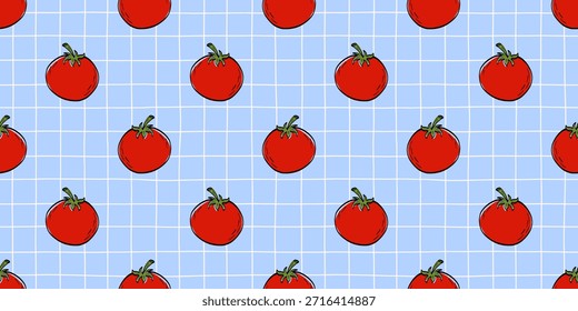 Seamless Mediterranean pattern with ripe cherry tomatoes on a blue checkered background. Fresh repeating design for kitchen textiles, packaging, tableware and food branding.