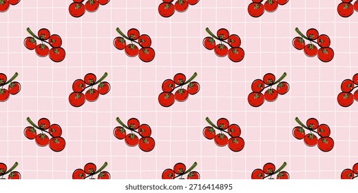 Seamless Mediterranean pattern with ripe cherry tomatoes on a pink checkered background. Fresh repeating design for kitchen textiles, packaging, tableware and food branding.