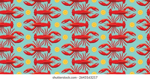 Seamless Mediterranean seafood background with lobster. Summer seafood vector design with lemon and lobsters. Colorful lobster and lemon pattern for kitchen and fabric