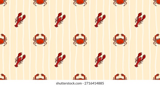Patrón de mariscos mediterráneos sin fisuras con langosta roja y cangrejo. Repetición decorativa para textiles de cocina, mantelería, packaging y diseño de restaurante.