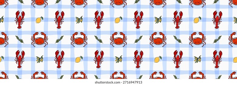 Patrón de mariscos mediterráneos sin fisuras con platos de langosta roja y limones amarillos sobre un fondo azul a cuadros. Repetición decorativa para textiles de cocina, mantelería, packaging y diseño de restaurante.