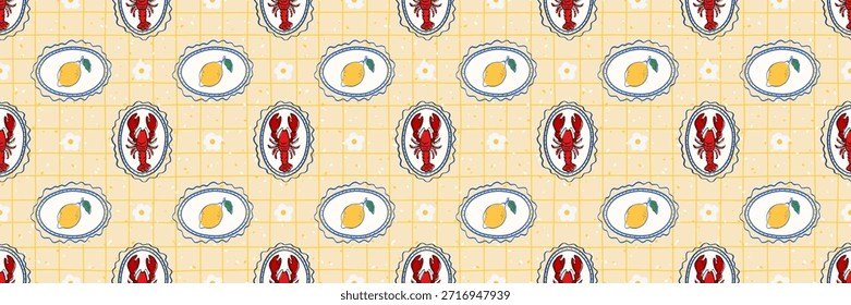 Seamless Mediterranean seafood pattern with red lobster plates and yellow lemons. Decorative repeat for kitchen textiles, table linens, packaging and restaurant design.