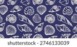Seamless Mediterranean seashell pattern with scallop, conch and seaweed illustrations in white on blue background. Coastal marine texture ideal for nautical, summer, beach and ocean themed projects.