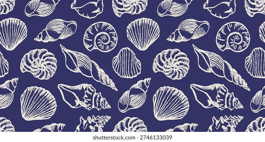 Seamless Mediterranean seashell pattern with scallop, conch and seaweed illustrations in white on blue background. Coastal marine texture ideal for nautical, summer, beach and ocean themed projects.