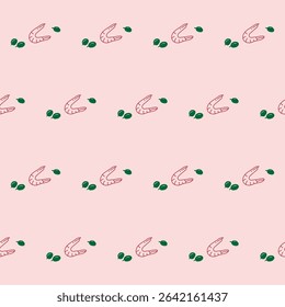 Seamless Mediterranean Shrimp Food Textile Print Pattern. Travel Vacation Rest Theme. Summer Resort Fabric Swatch Doodle Line Hand Crafted Decoration. Simple Line Art Sketch Outline Drawing.