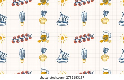 Seamless Mediterranean summer pattern.  Hand drawn elements including tomatoes, lemonade pitcher, sailboat,  potted cactus and the sun in a colorful naive vintage style