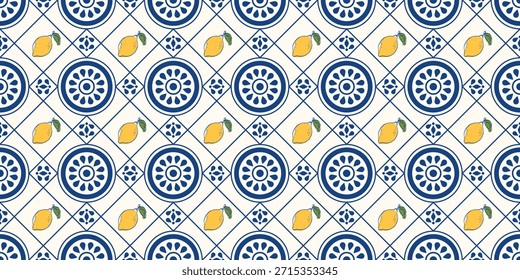 Seamless Mediterranean tile pattern with blue ceramic ornaments and yellow lemons on a light background. Decorative repeat for kitchen textiles, packaging, tableware, wallpapers and food branding.