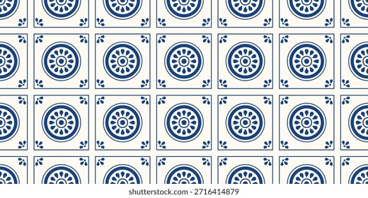 Patrón de azulejo mediterráneo sin fisuras con adornos de cerámica azul y blanco. Fondo decorativo para textiles de cocina, embalaje, vajilla, Fondos de pantalla y marca de alimentos