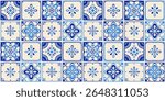 Seamless mediterranean tile pattern with hand drawn floral and geometric motifs in blue and beige colors, traditional ceramic design inspired by italian, spanish and portuguese vintage tiles
