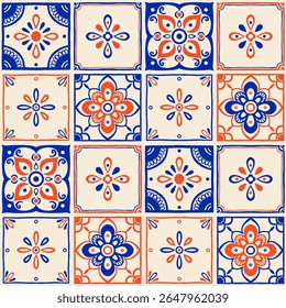 Seamless mediterranean tile pattern with hand drawn floral and geometric motifs in blue and beige colors, traditional ceramic design inspired by italian, spanish and portuguese vintage tiles